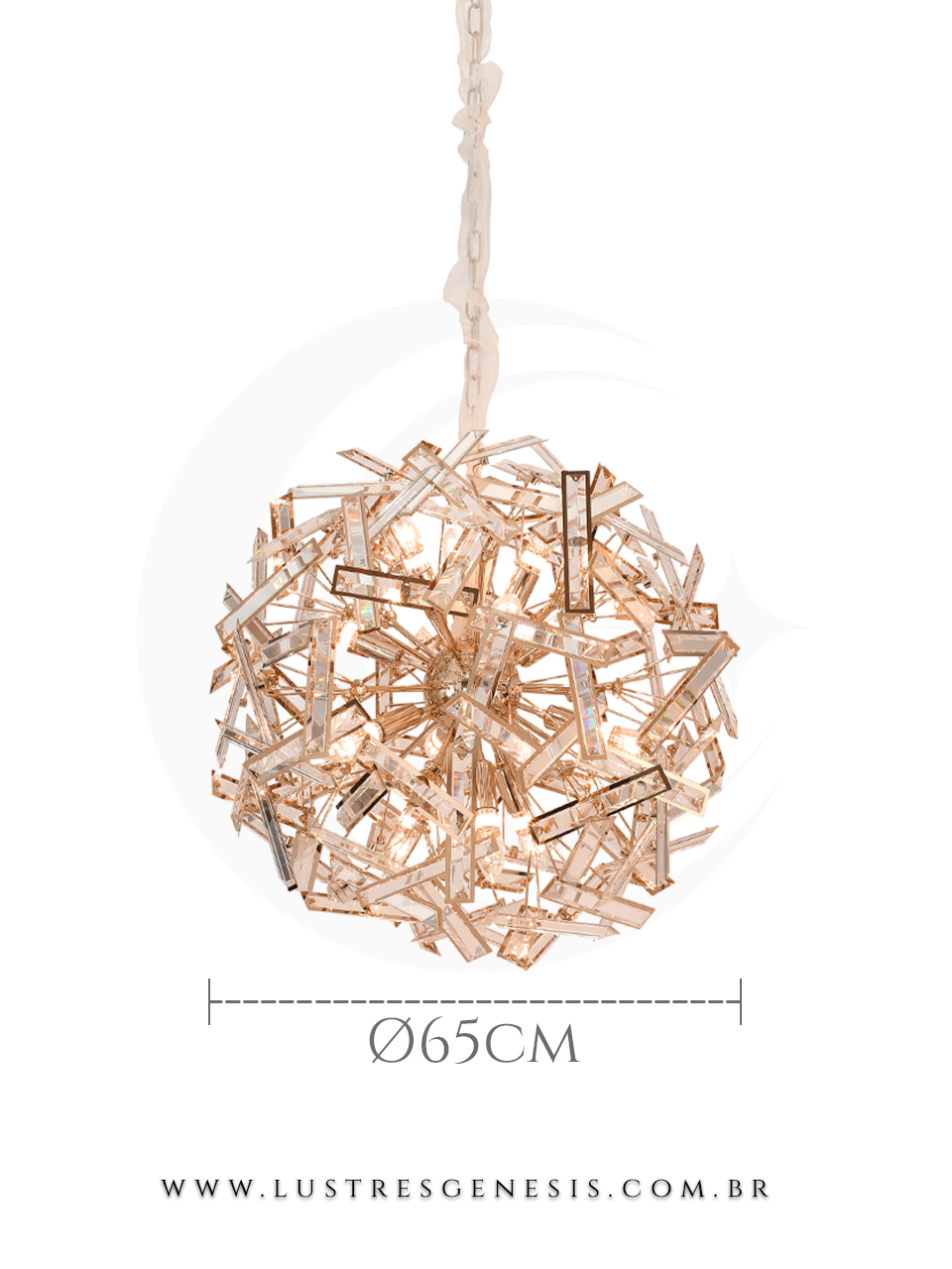Pendente de cristal Rose Gold Canla redondo de 65cm, ideal para sala de jantar, quartos e sala de estar, da marca Sindora Iluminação.